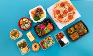 Variety of food on a blue background