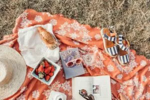 Friends enjoying a summer picnic with strawberries, bread, sunglasses, books and flip flops